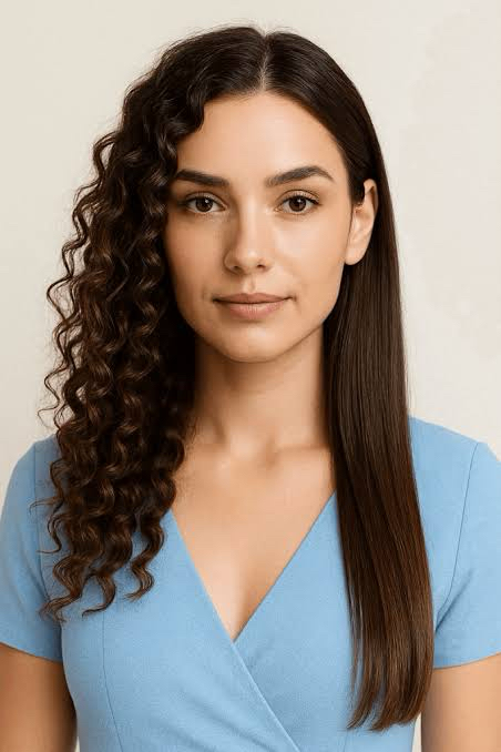 Vorher/Nachher A.DORA Glättung: lockiges Haar links, seidig glattes Haar rechts.