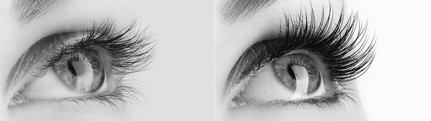 Wimpern Vorher/Nachher: natürliche Wimpern links, verlängerte Wimpern rechts.