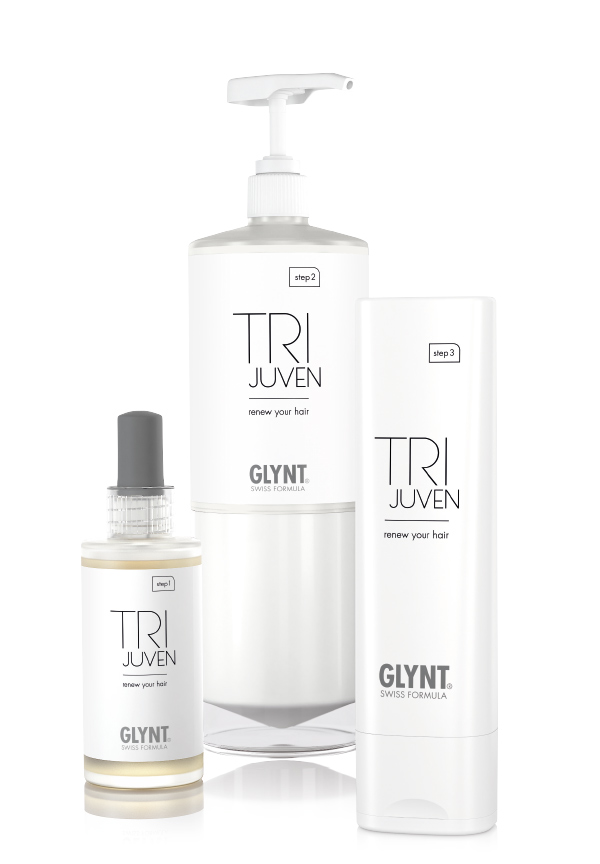 TRIJUVEN Drei-Step-System: drei Produktflaschen Step 1, 2 und 3.